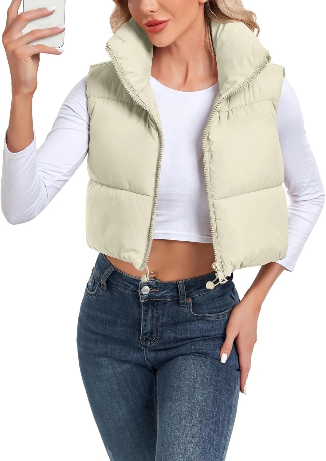 Women's Cropped Puffer Vest Sleeveless High Stand Collar Crop Outerwear Zip Up Warm Padded Gilet