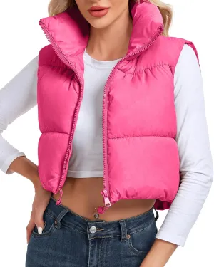 Women's Cropped Puffer Vest Sleeveless High Stand Collar Crop Outerwear Zip Up Warm Padded Gilet
