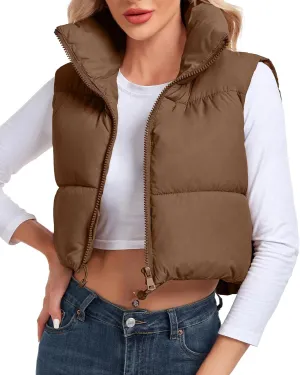 Women's Cropped Puffer Vest Sleeveless High Stand Collar Crop Outerwear Zip Up Warm Padded Gilet