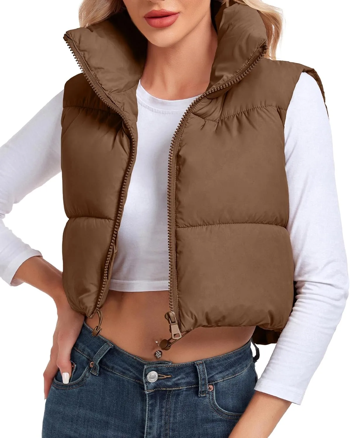 Women's Cropped Puffer Vest Sleeveless High Stand Collar Crop Outerwear Zip Up Warm Padded Gilet