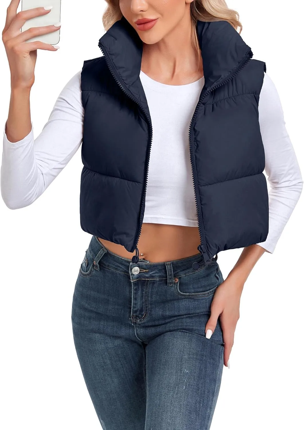 Women's Cropped Puffer Vest Sleeveless High Stand Collar Crop Outerwear Zip Up Warm Padded Gilet