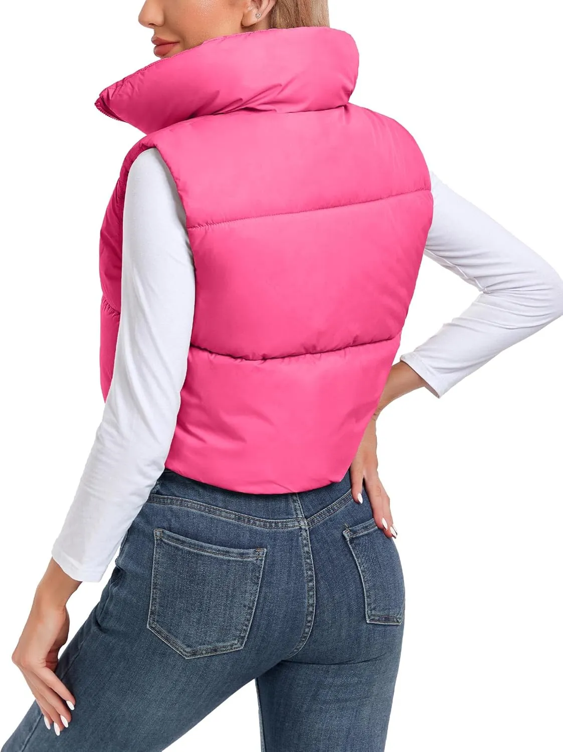 Women's Cropped Puffer Vest Sleeveless High Stand Collar Crop Outerwear Zip Up Warm Padded Gilet