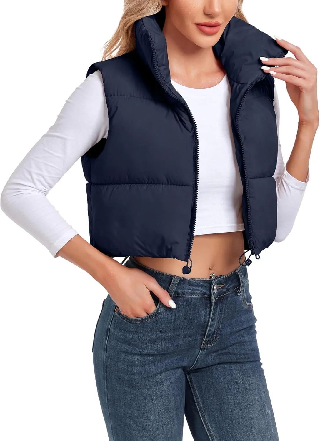Women's Cropped Puffer Vest Sleeveless High Stand Collar Crop Outerwear Zip Up Warm Padded Gilet