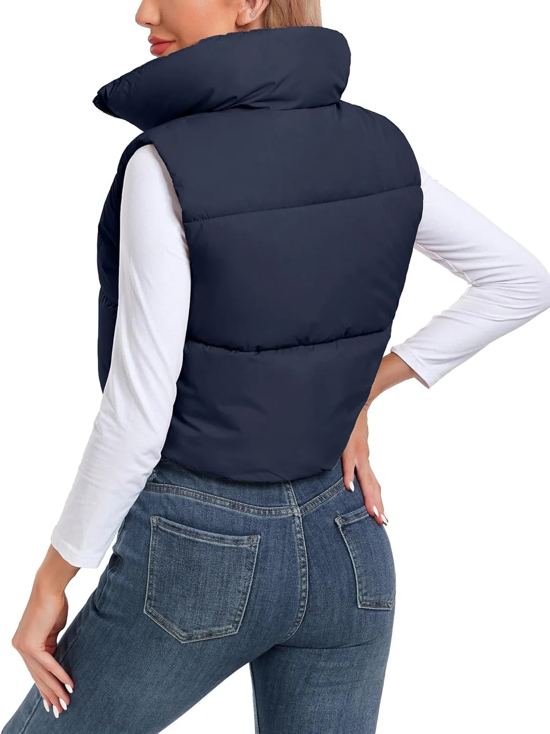 Women's Cropped Puffer Vest Sleeveless High Stand Collar Crop Outerwear Zip Up Warm Padded Gilet