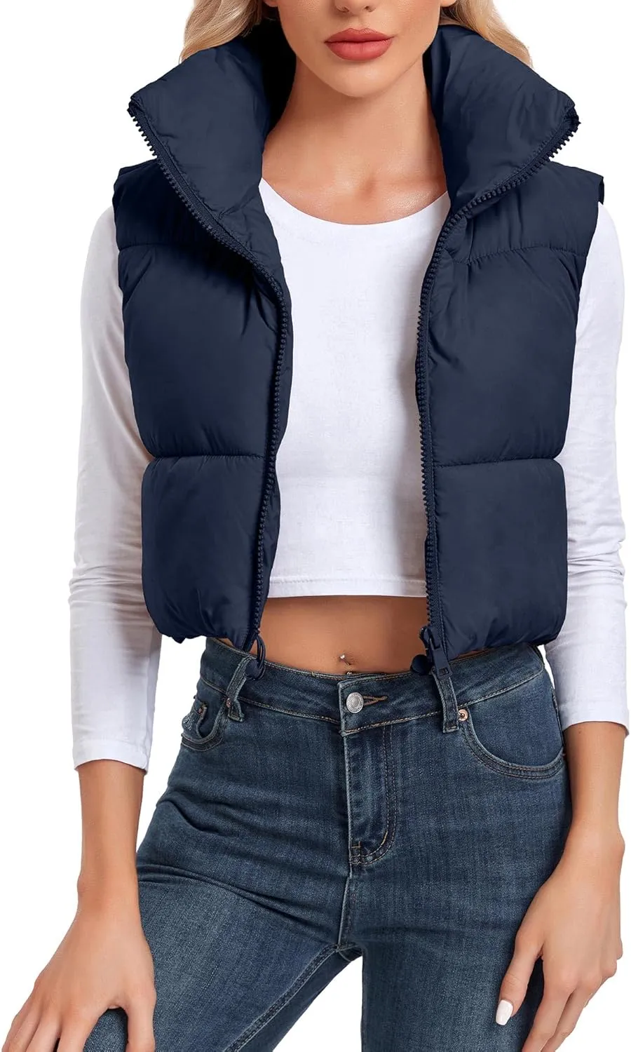 Women's Cropped Puffer Vest Sleeveless High Stand Collar Crop Outerwear Zip Up Warm Padded Gilet
