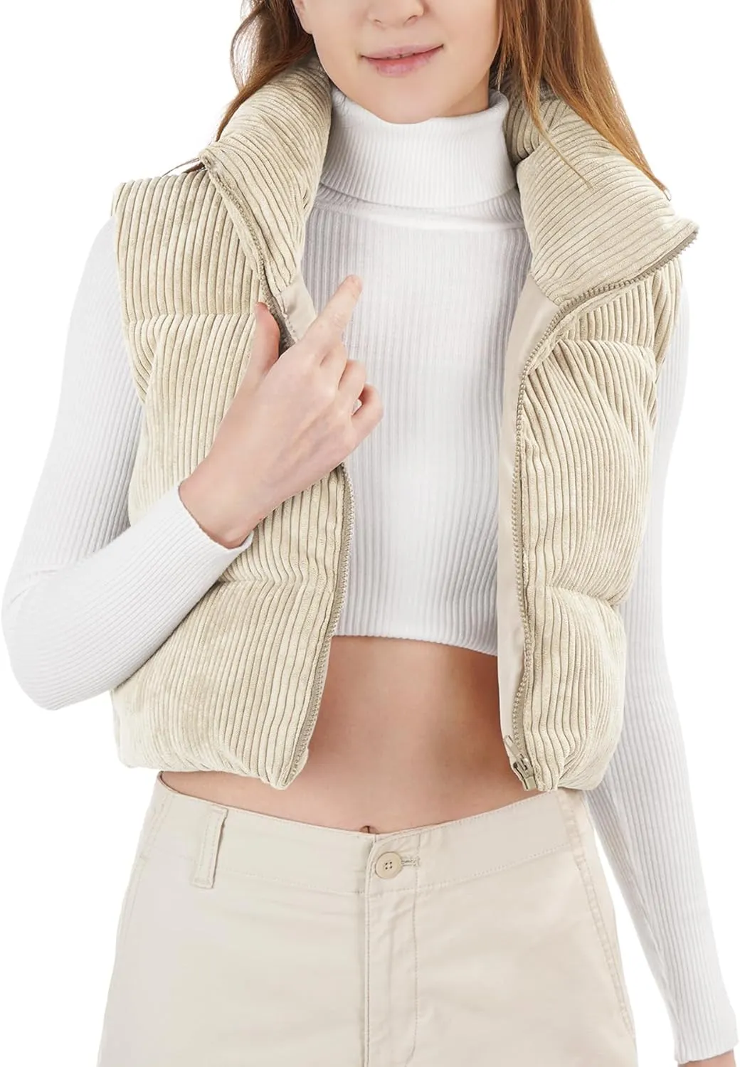 Women's Cropped Puffer Vest Winter Sleeveless Warm Outerwear Vests Lightweight Corduroy Coat with Invisible Pockets