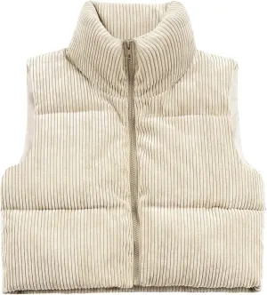 Women's Cropped Puffer Vest Winter Sleeveless Warm Outerwear Vests Lightweight Corduroy Coat with Invisible Pockets
