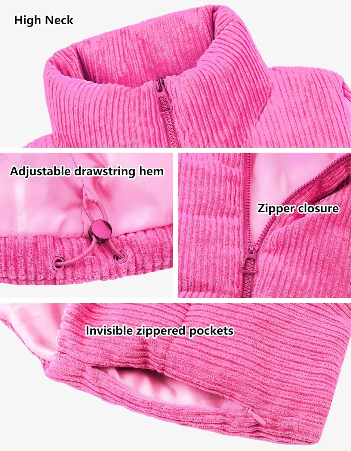 Women's Cropped Puffer Vest Winter Sleeveless Warm Outerwear Vests Lightweight Corduroy Coat with Invisible Pockets