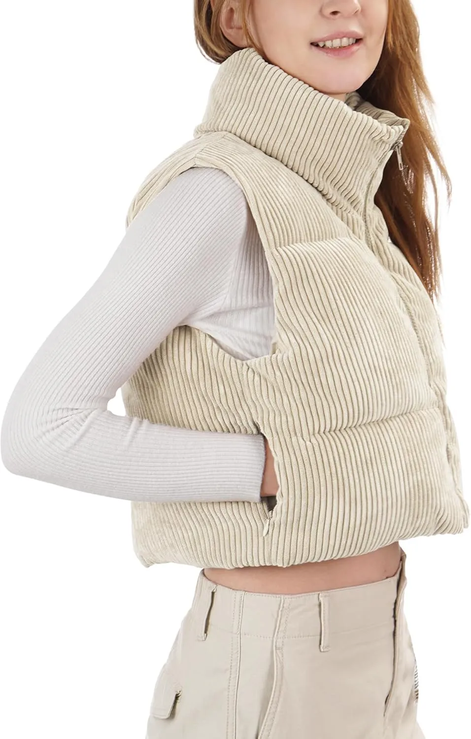 Women's Cropped Puffer Vest Winter Sleeveless Warm Outerwear Vests Lightweight Corduroy Coat with Invisible Pockets