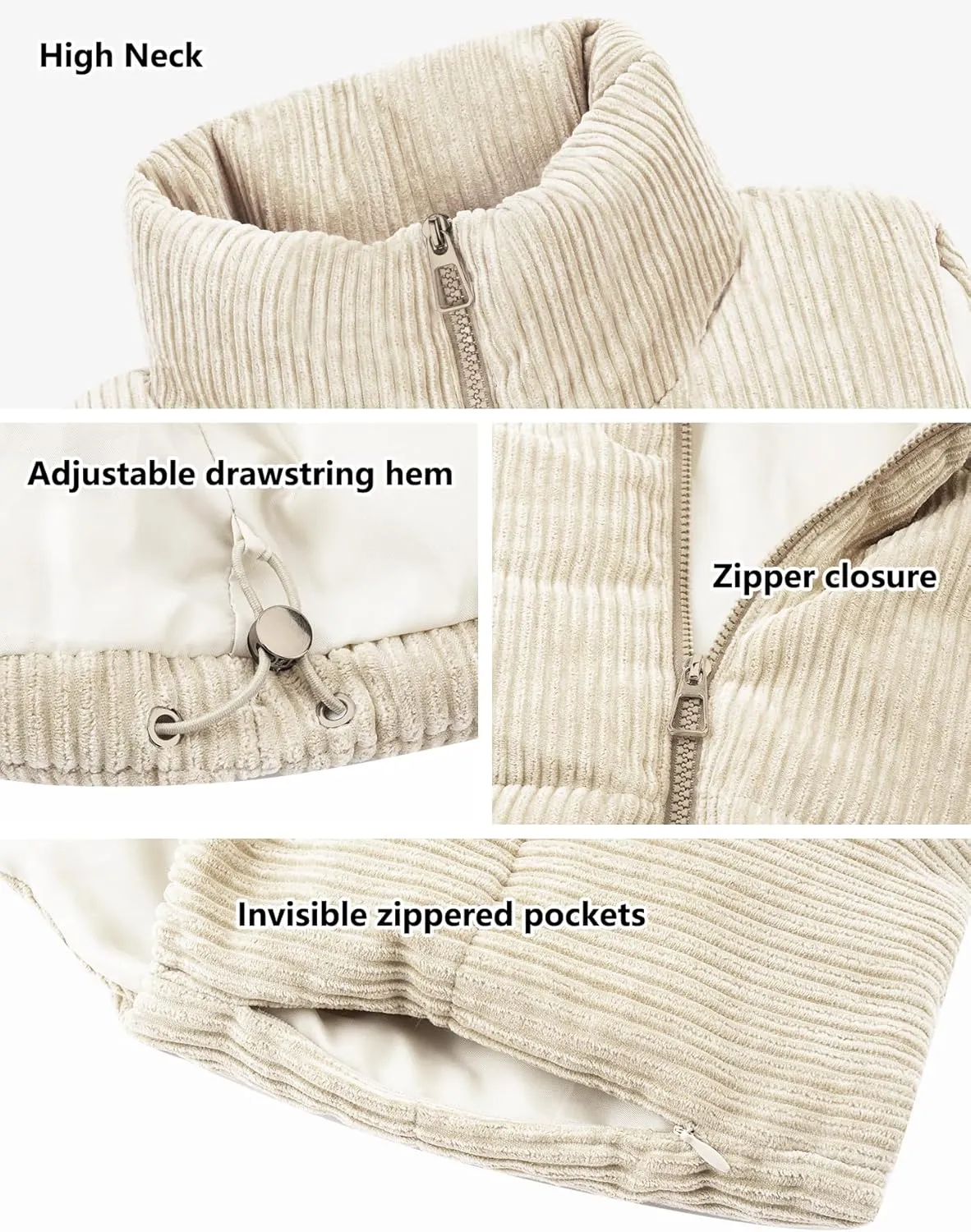 Women's Cropped Puffer Vest Winter Sleeveless Warm Outerwear Vests Lightweight Corduroy Coat with Invisible Pockets