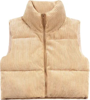 Women's Cropped Puffer Vest Winter Sleeveless Warm Outerwear Vests Lightweight Corduroy Coat with Invisible Pockets