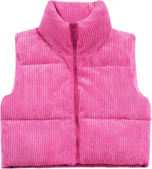Women's Cropped Puffer Vest Winter Sleeveless Warm Outerwear Vests Lightweight Corduroy Coat with Invisible Pockets