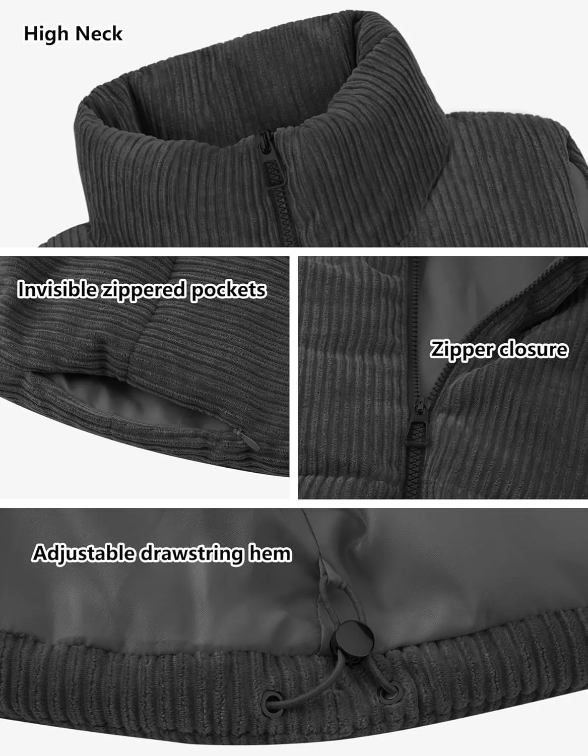 Women's Cropped Puffer Vest Winter Sleeveless Warm Outerwear Vests Lightweight Corduroy Coat with Invisible Pockets