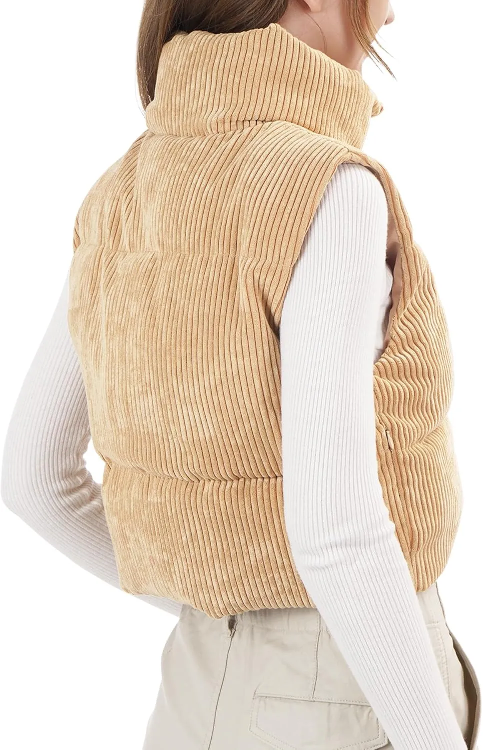 Women's Cropped Puffer Vest Winter Sleeveless Warm Outerwear Vests Lightweight Corduroy Coat with Invisible Pockets