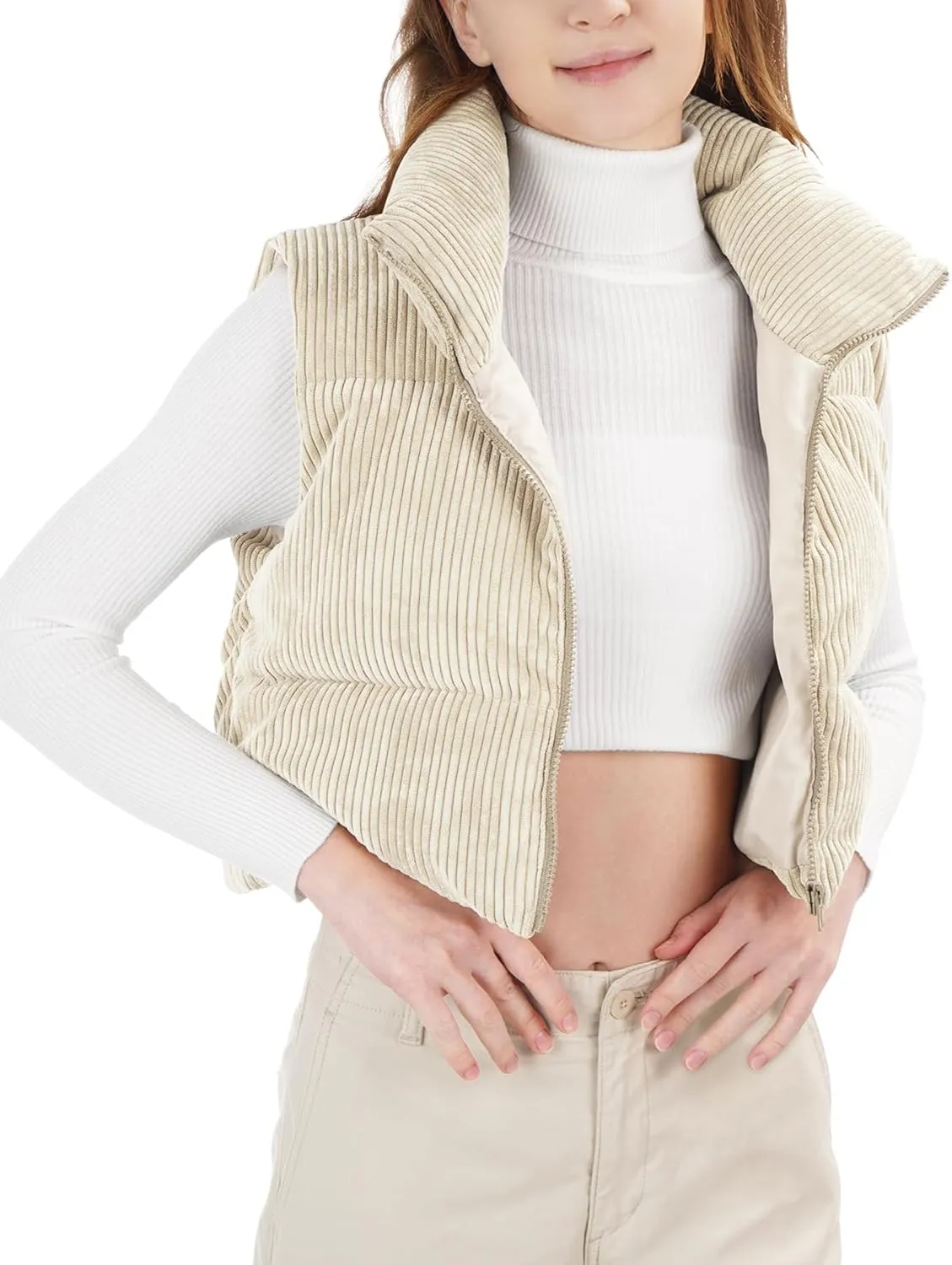 Women's Cropped Puffer Vest Winter Sleeveless Warm Outerwear Vests Lightweight Corduroy Coat with Invisible Pockets