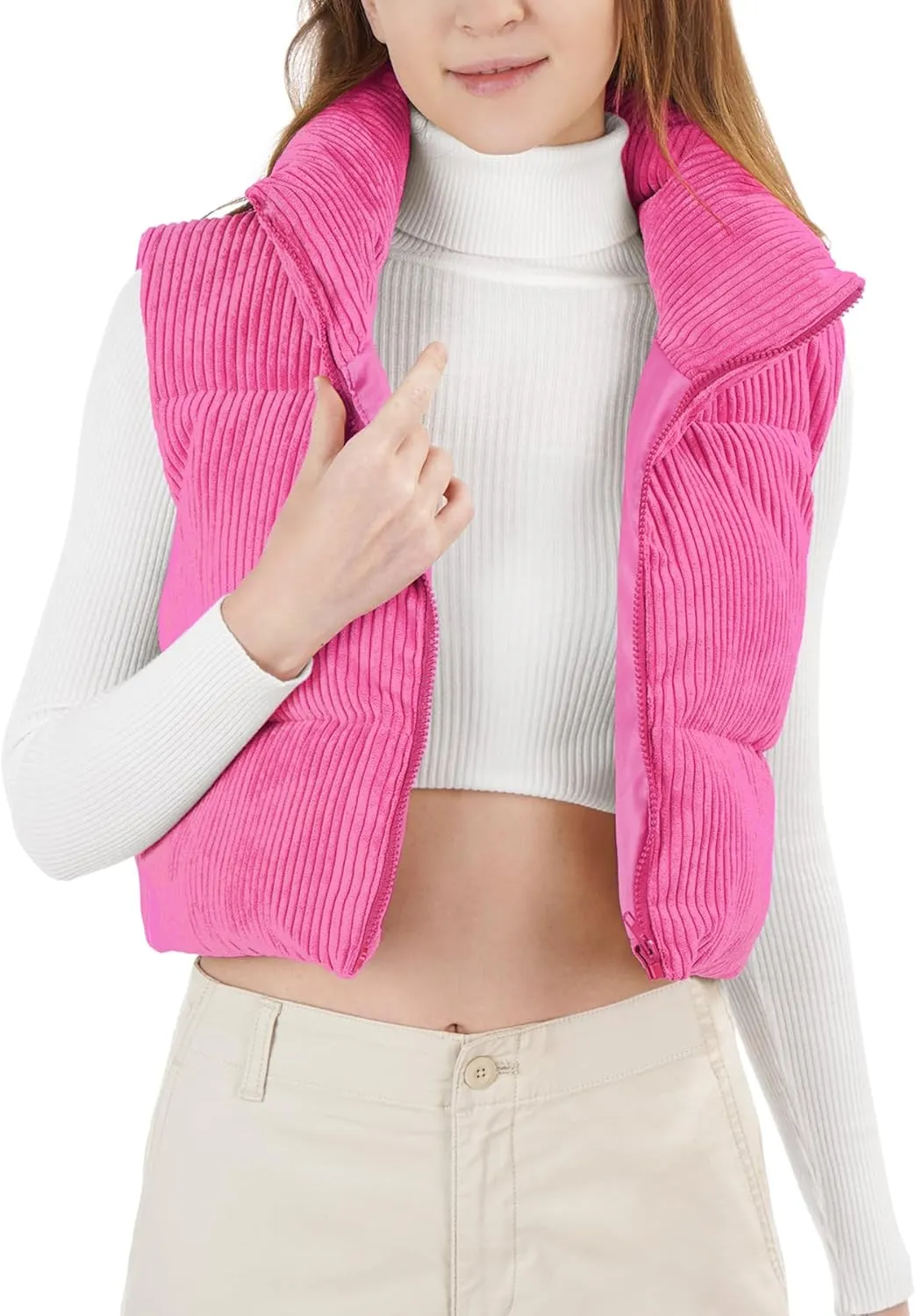 Women's Cropped Puffer Vest Winter Sleeveless Warm Outerwear Vests Lightweight Corduroy Coat with Invisible Pockets