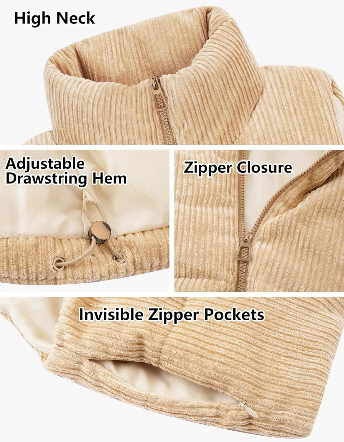 Women's Cropped Puffer Vest Winter Sleeveless Warm Outerwear Vests Lightweight Corduroy Coat with Invisible Pockets