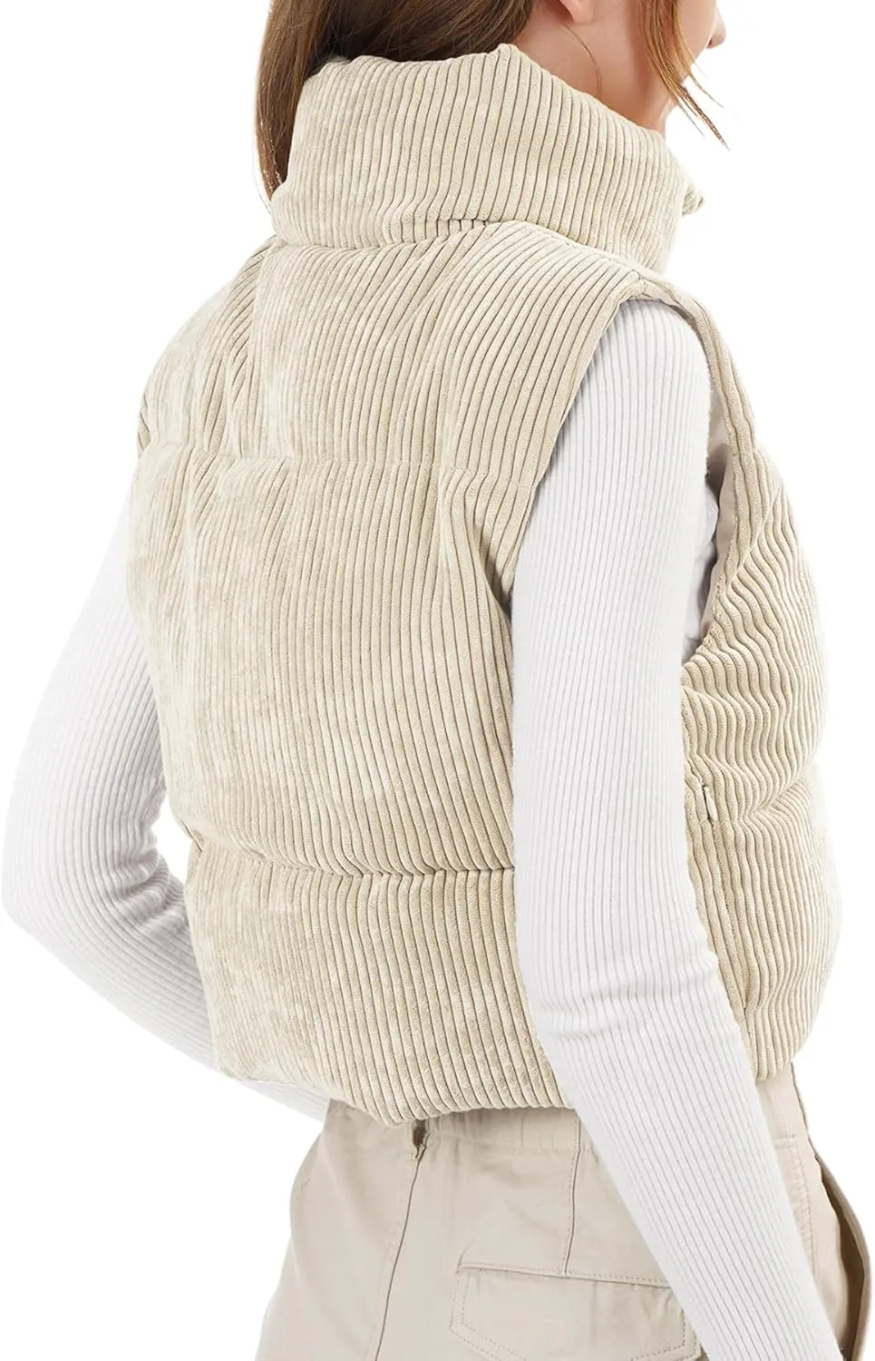 Women's Cropped Puffer Vest Winter Sleeveless Warm Outerwear Vests Lightweight Corduroy Coat with Invisible Pockets