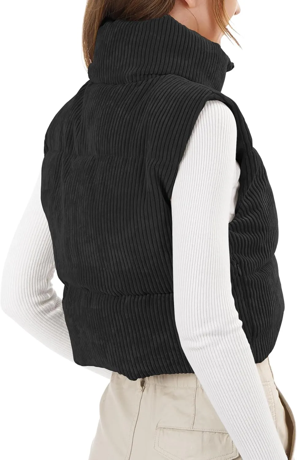Women's Cropped Puffer Vest Winter Sleeveless Warm Outerwear Vests Lightweight Corduroy Coat with Invisible Pockets
