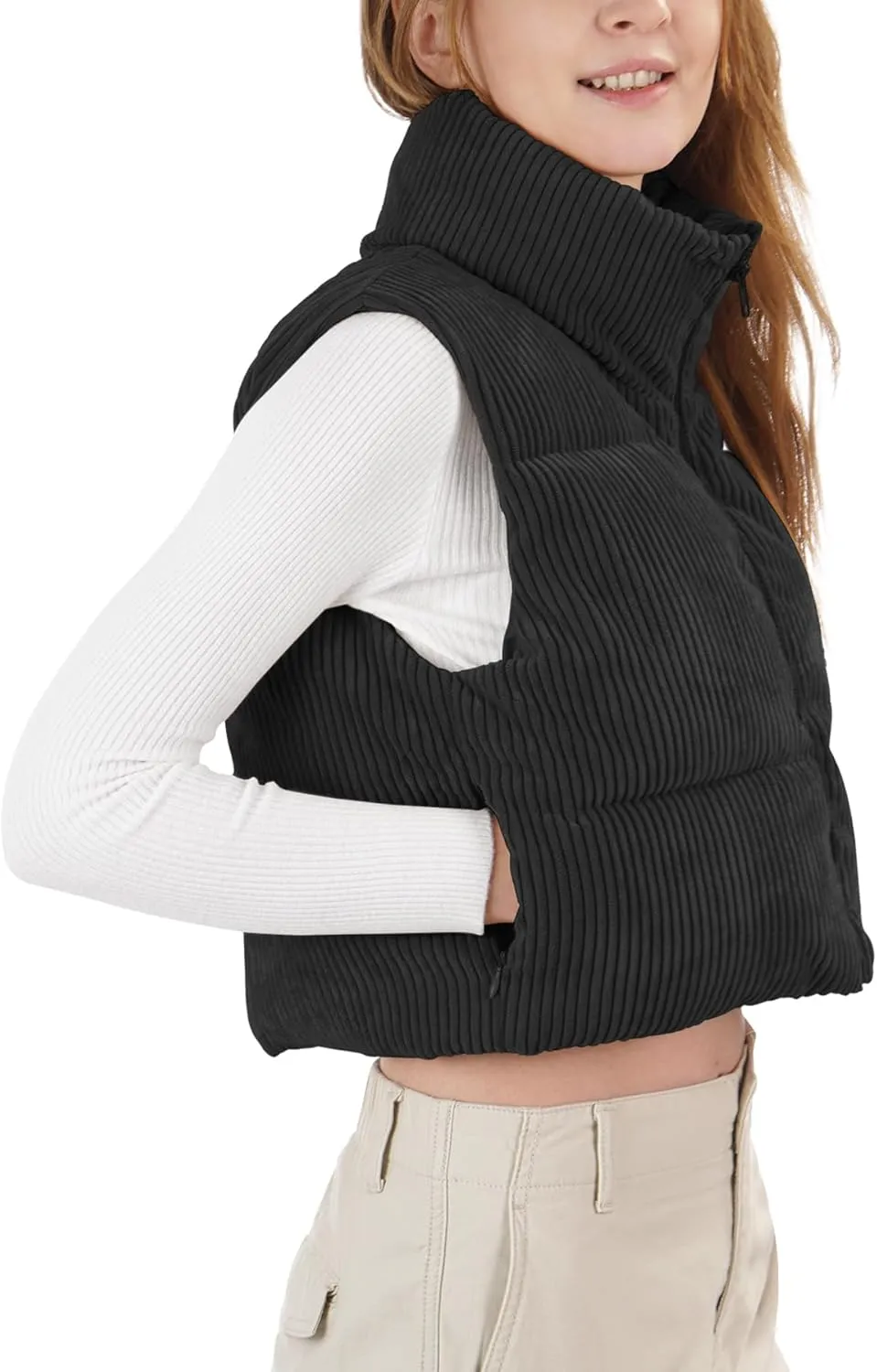 Women's Cropped Puffer Vest Winter Sleeveless Warm Outerwear Vests Lightweight Corduroy Coat with Invisible Pockets