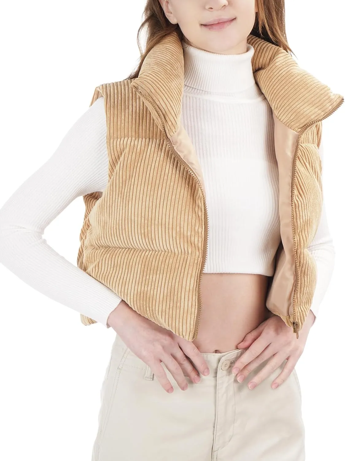 Women's Cropped Puffer Vest Winter Sleeveless Warm Outerwear Vests Lightweight Corduroy Coat with Invisible Pockets