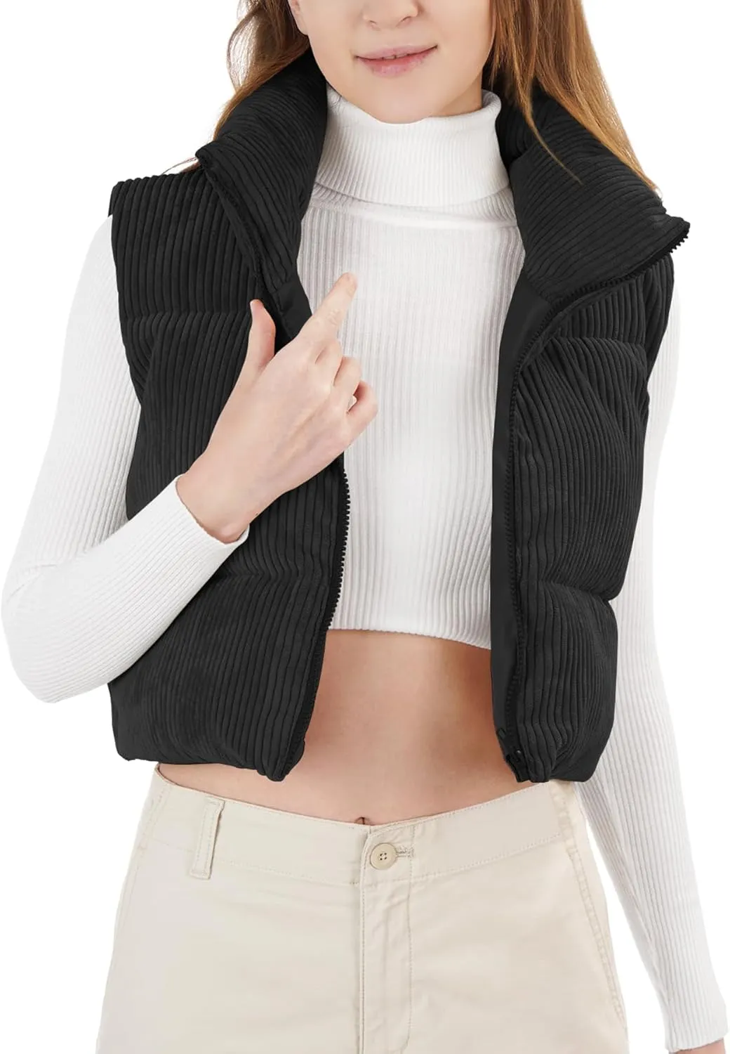 Women's Cropped Puffer Vest Winter Sleeveless Warm Outerwear Vests Lightweight Corduroy Coat with Invisible Pockets