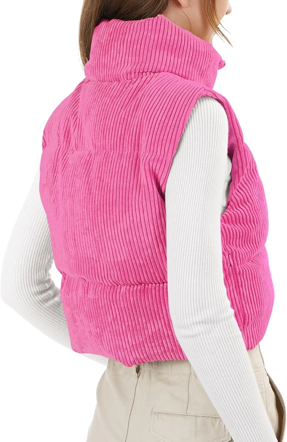 Women's Cropped Puffer Vest Winter Sleeveless Warm Outerwear Vests Lightweight Corduroy Coat with Invisible Pockets