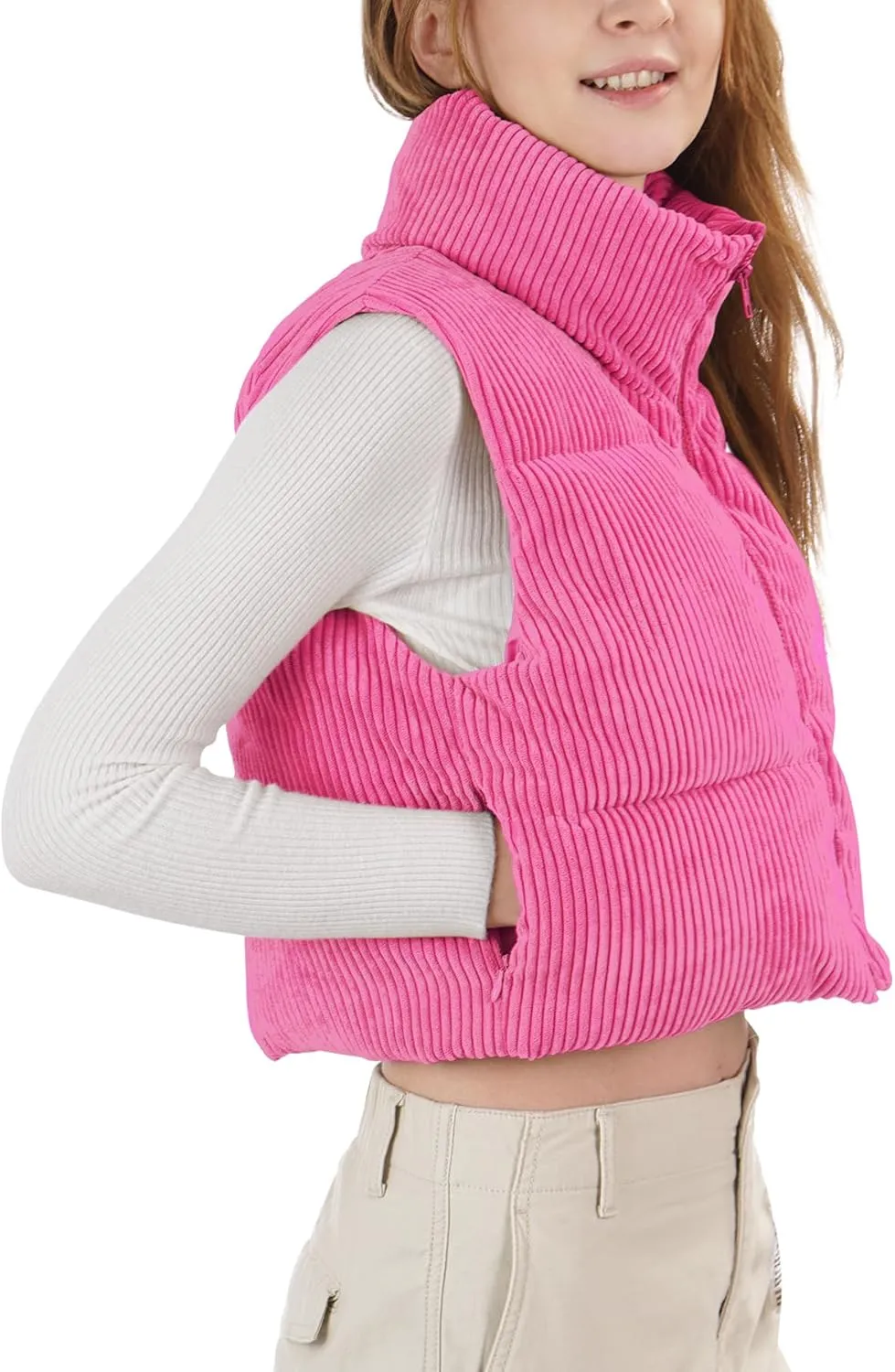 Women's Cropped Puffer Vest Winter Sleeveless Warm Outerwear Vests Lightweight Corduroy Coat with Invisible Pockets