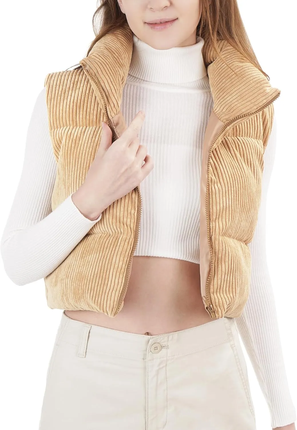 Women's Cropped Puffer Vest Winter Sleeveless Warm Outerwear Vests Lightweight Corduroy Coat with Invisible Pockets