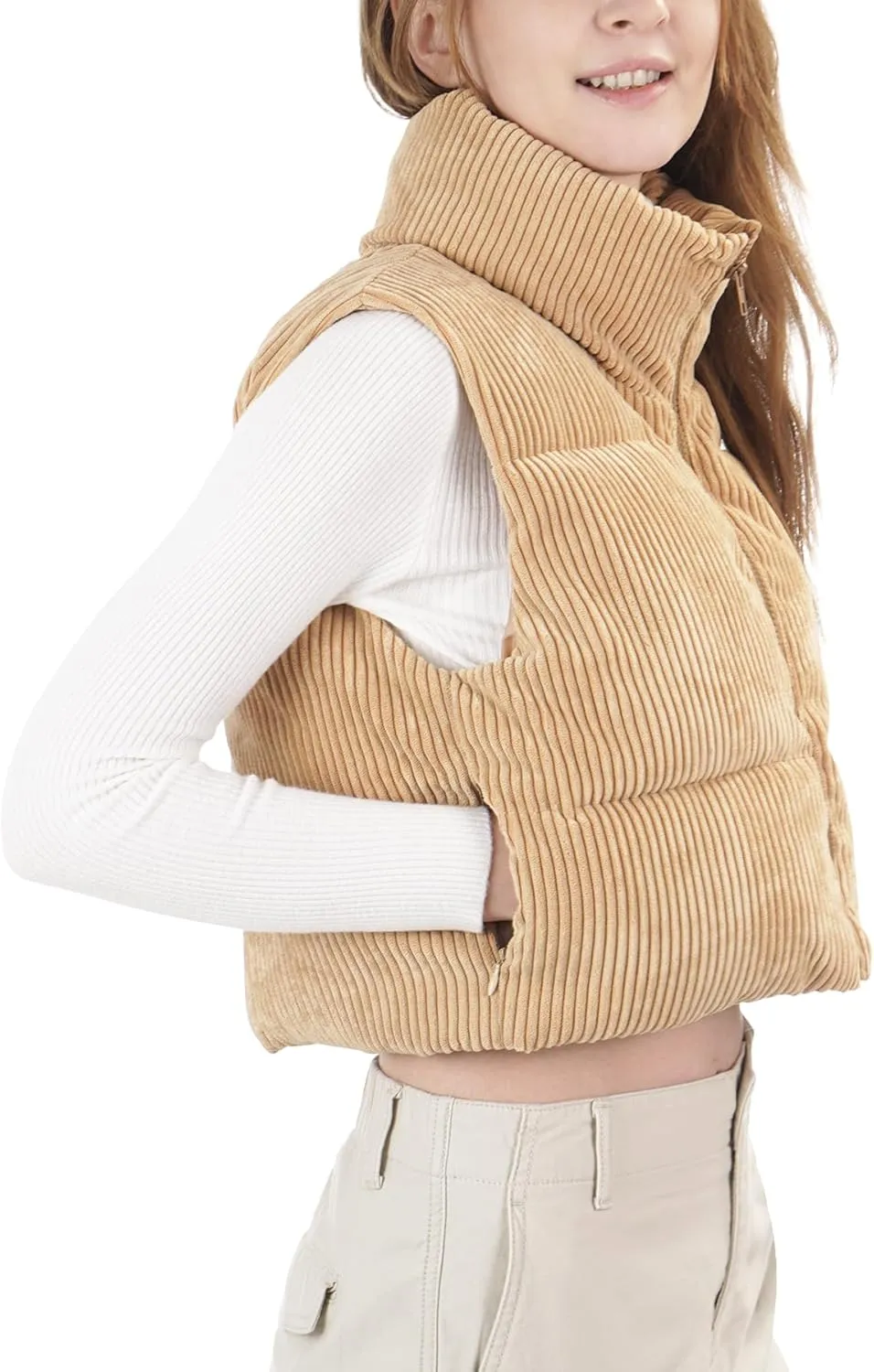 Women's Cropped Puffer Vest Winter Sleeveless Warm Outerwear Vests Lightweight Corduroy Coat with Invisible Pockets
