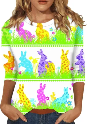 Womens Cute Bunny Rabbit Print T Shirt Happy Easter Graphic Tee 3/4 Length Sleeve Round Neck Blouse Casual Easter Top