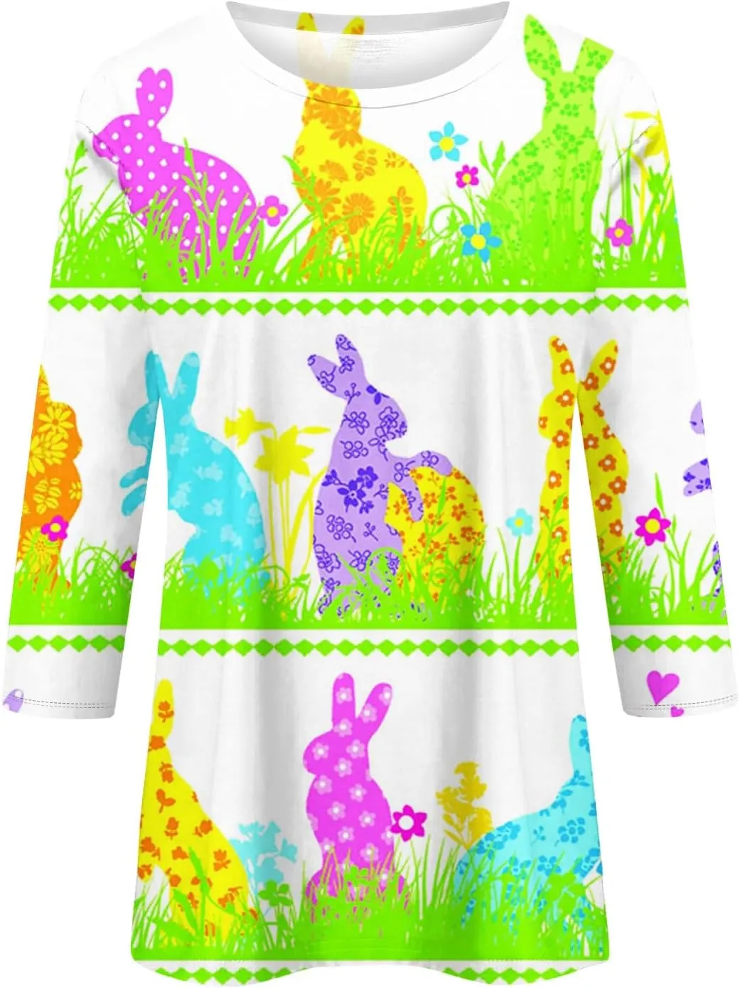 Womens Cute Bunny Rabbit Print T Shirt Happy Easter Graphic Tee 3/4 Length Sleeve Round Neck Blouse Casual Easter Top