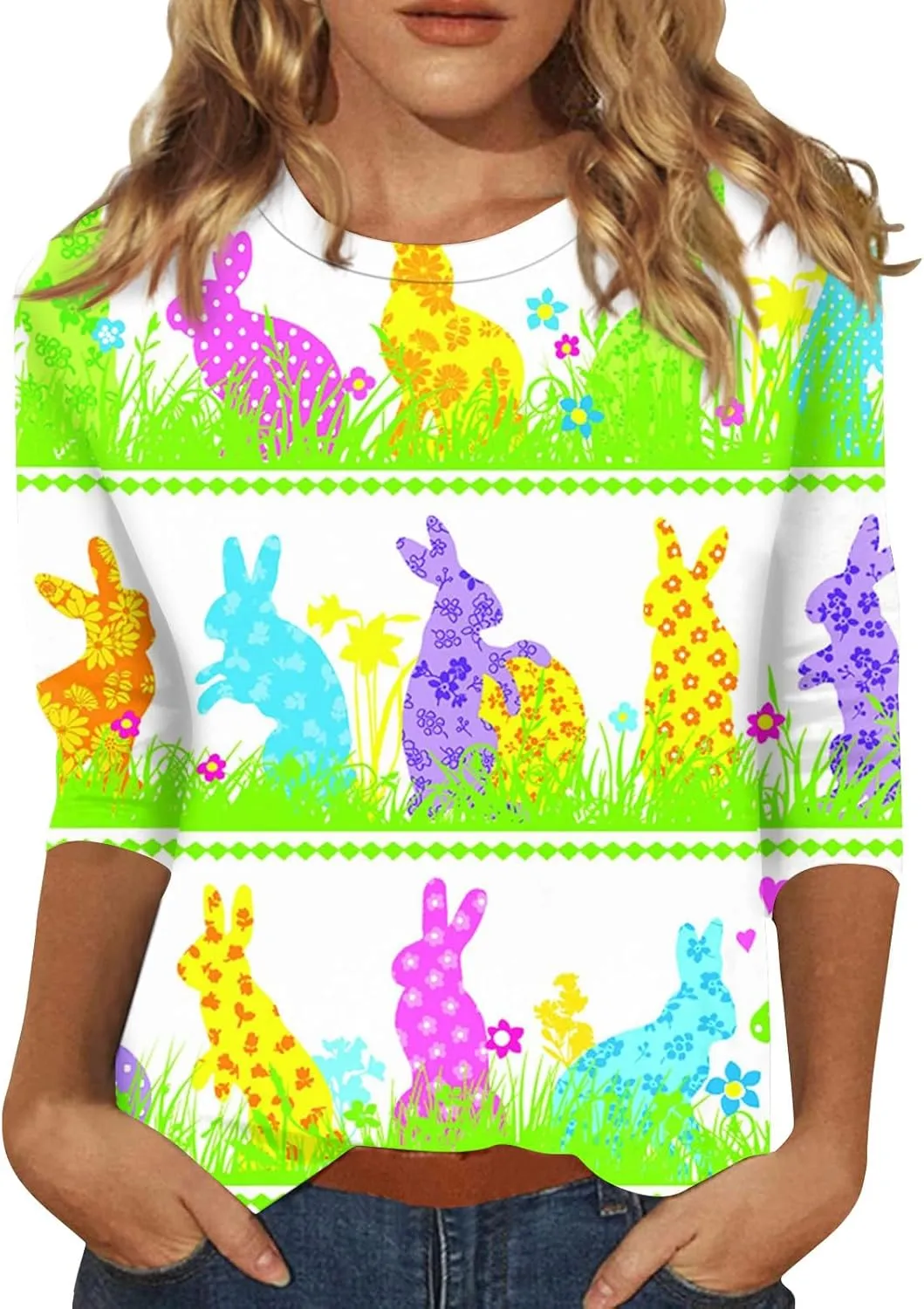 Womens Cute Bunny Rabbit Print T Shirt Happy Easter Graphic Tee 3/4 Length Sleeve Round Neck Blouse Casual Easter Top