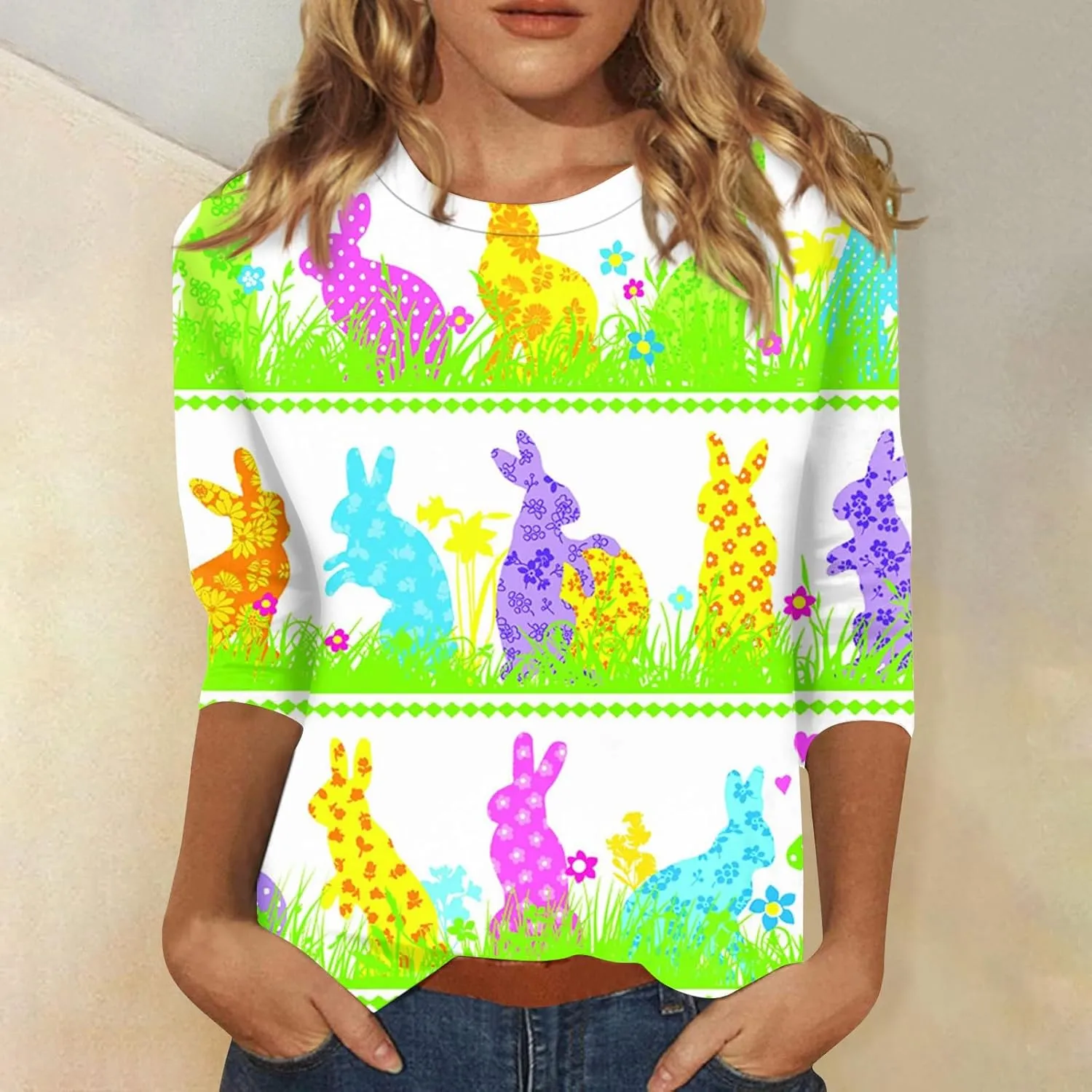 Womens Cute Bunny Rabbit Print T Shirt Happy Easter Graphic Tee 3/4 Length Sleeve Round Neck Blouse Casual Easter Top