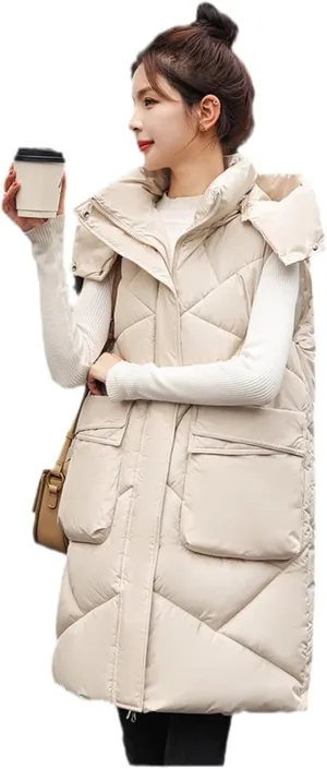 Women'S Down Vest - Autumn Winter Elegant Women Zipper Hooded Cotton Padded Vest Warm Female Sleeveless Jacket Solid