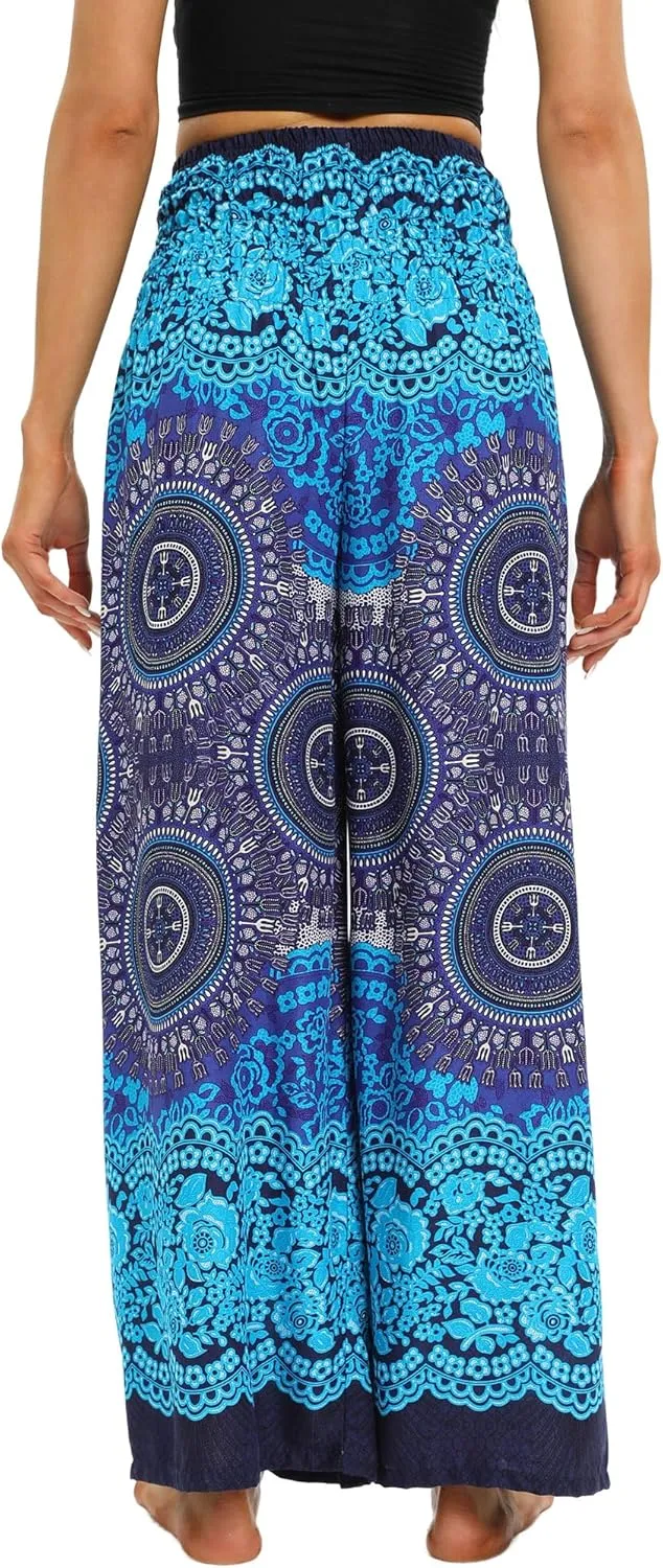 Womens Elastic High Waisted Yoga Flowy Palazzo Pants Casual Boho Wide Leg Long Trousers
