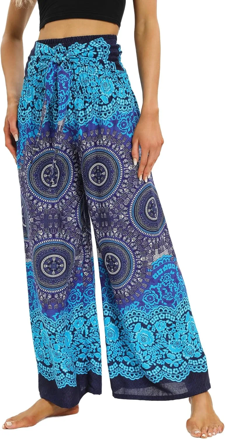 Womens Elastic High Waisted Yoga Flowy Palazzo Pants Casual Boho Wide Leg Long Trousers
