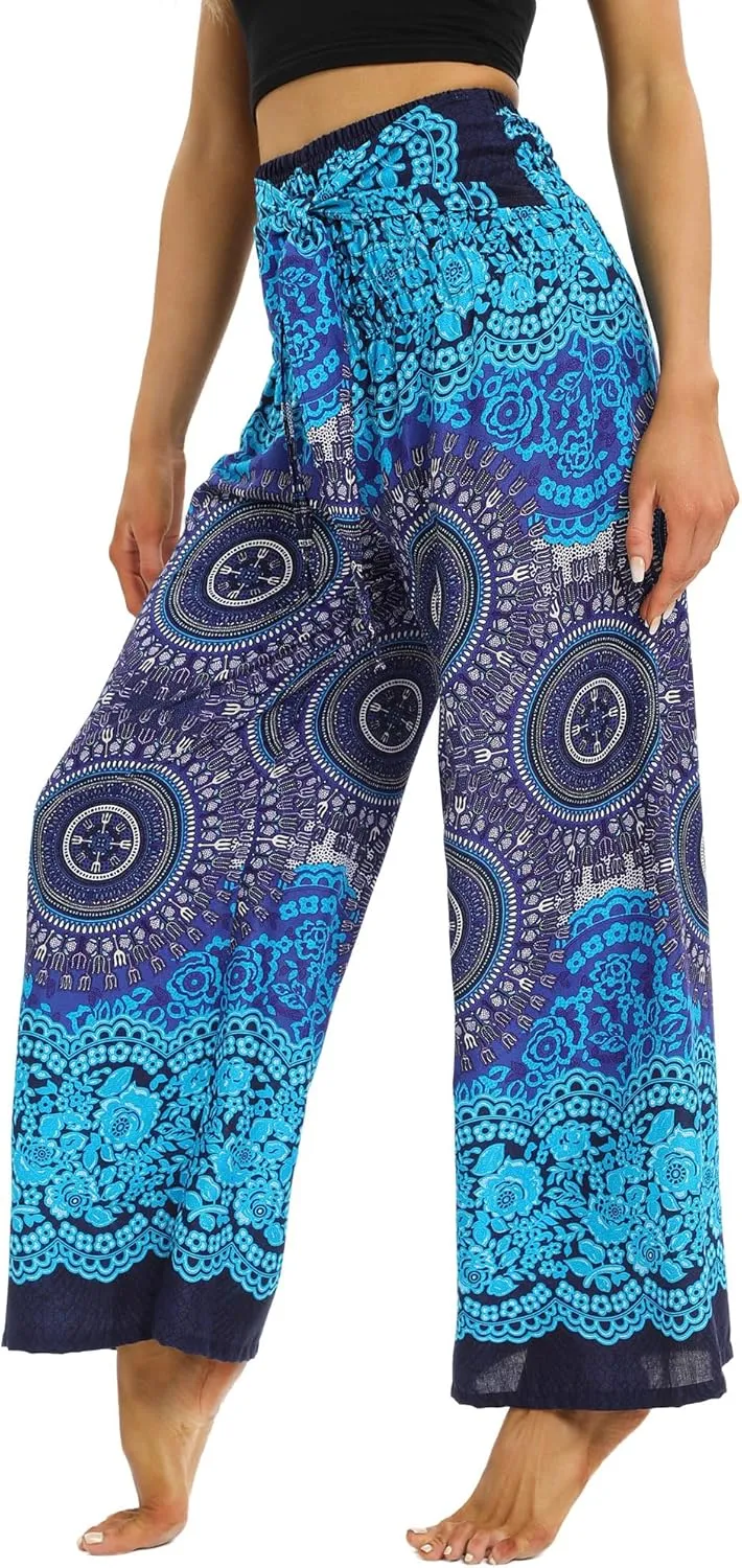 Womens Elastic High Waisted Yoga Flowy Palazzo Pants Casual Boho Wide Leg Long Trousers