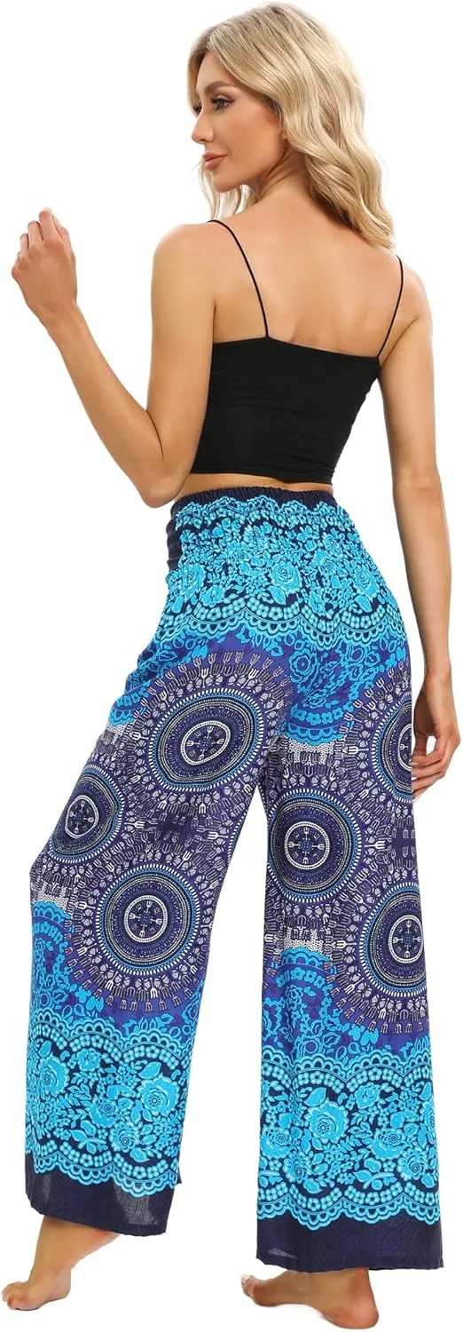Womens Elastic High Waisted Yoga Flowy Palazzo Pants Casual Boho Wide Leg Long Trousers