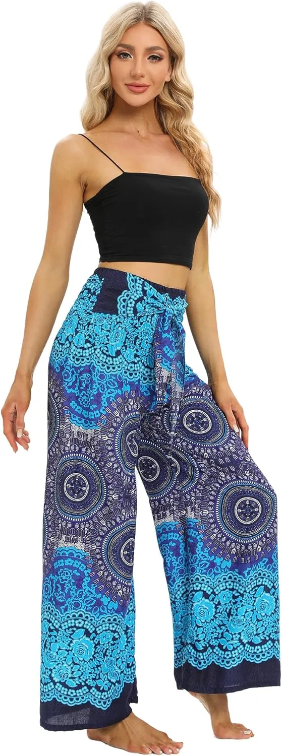 Womens Elastic High Waisted Yoga Flowy Palazzo Pants Casual Boho Wide Leg Long Trousers