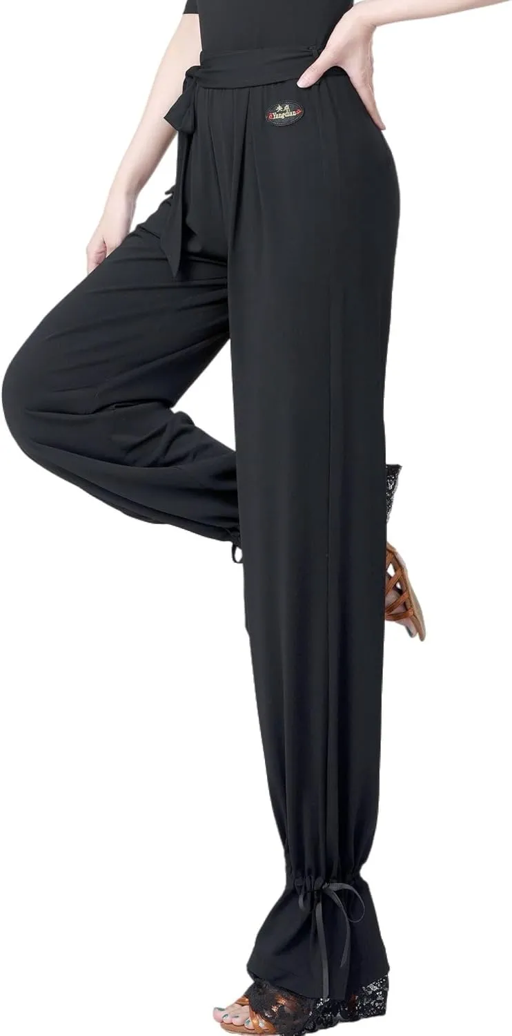 Women's Elastic Waist Latin Dance Training Suit Lace-up Lacework Trousers Ballroom Dance Pants