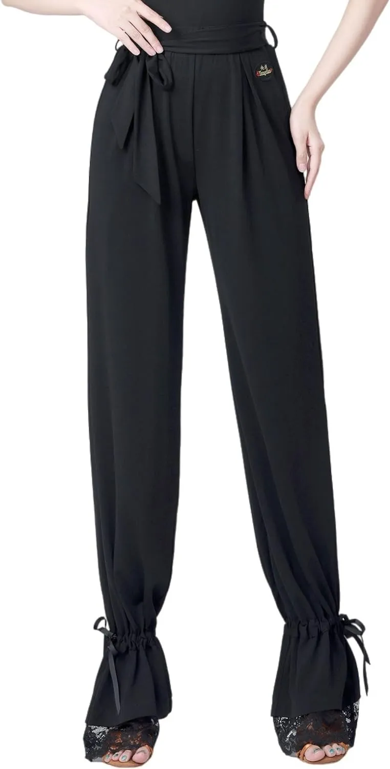 Women's Elastic Waist Latin Dance Training Suit Lace-up Lacework Trousers Ballroom Dance Pants