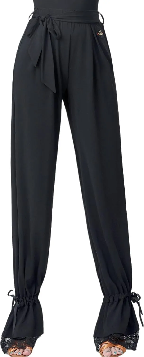Women's Elastic Waist Latin Dance Training Suit Lace-up Lacework Trousers Ballroom Dance Pants