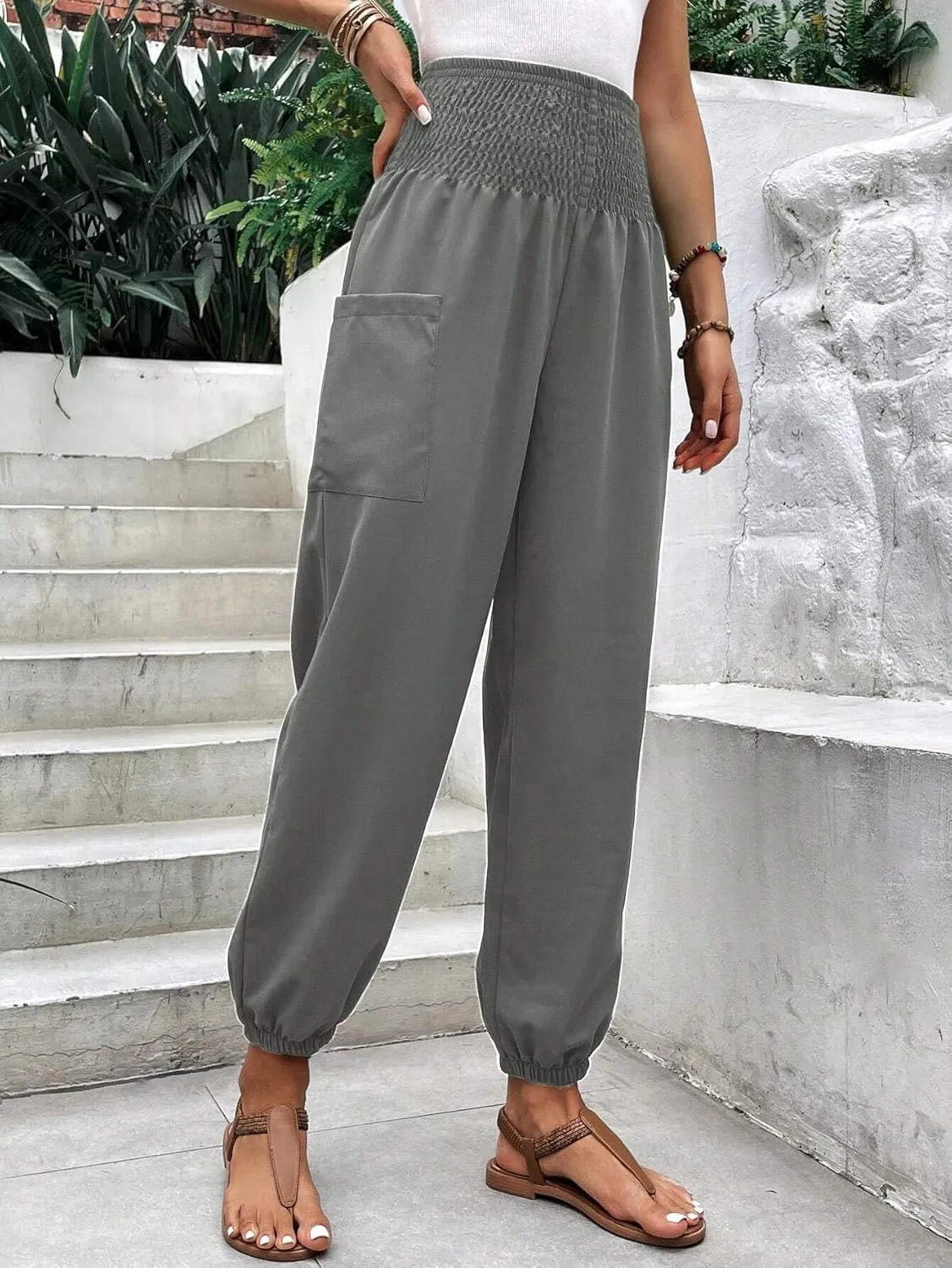 Womens Elastic Waist Solid High Waist Pocket Side Pants Long Pant Trousers For Women