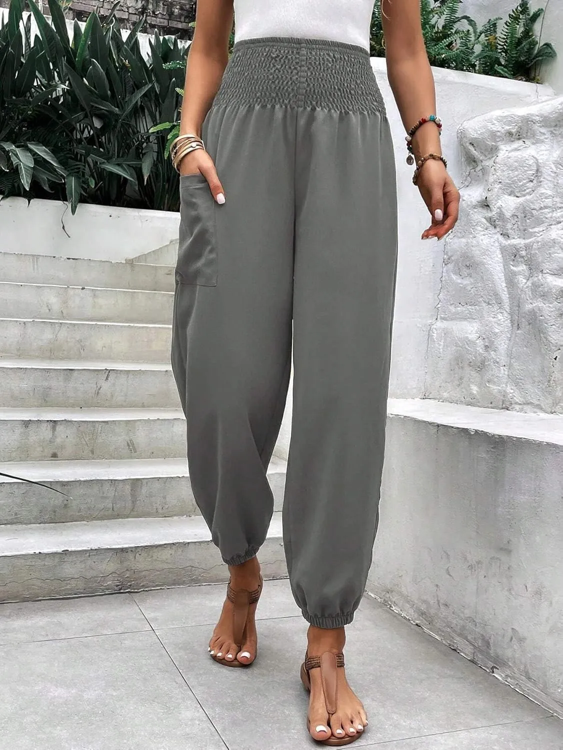 Womens Elastic Waist Solid High Waist Pocket Side Pants Long Pant Trousers For Women
