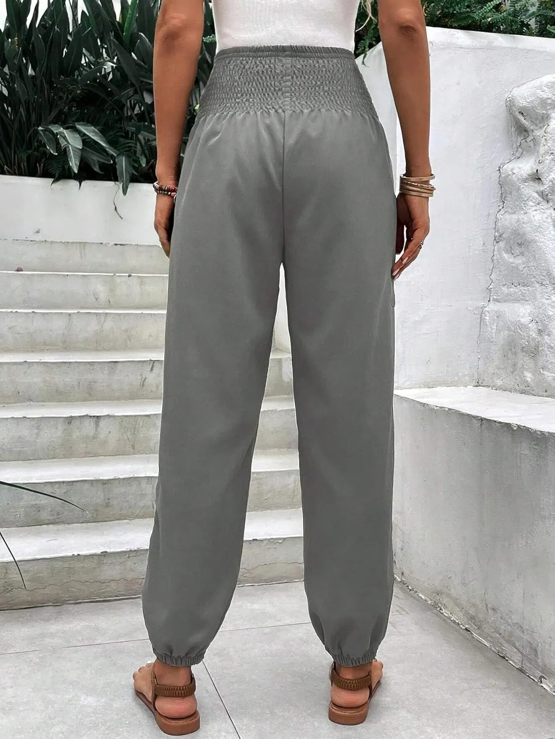 Womens Elastic Waist Solid High Waist Pocket Side Pants Long Pant Trousers For Women