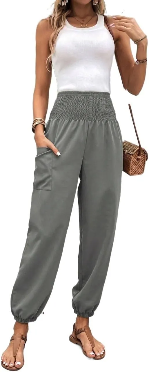 Womens Elastic Waist Solid High Waist Pocket Side Pants Long Pant Trousers For Women