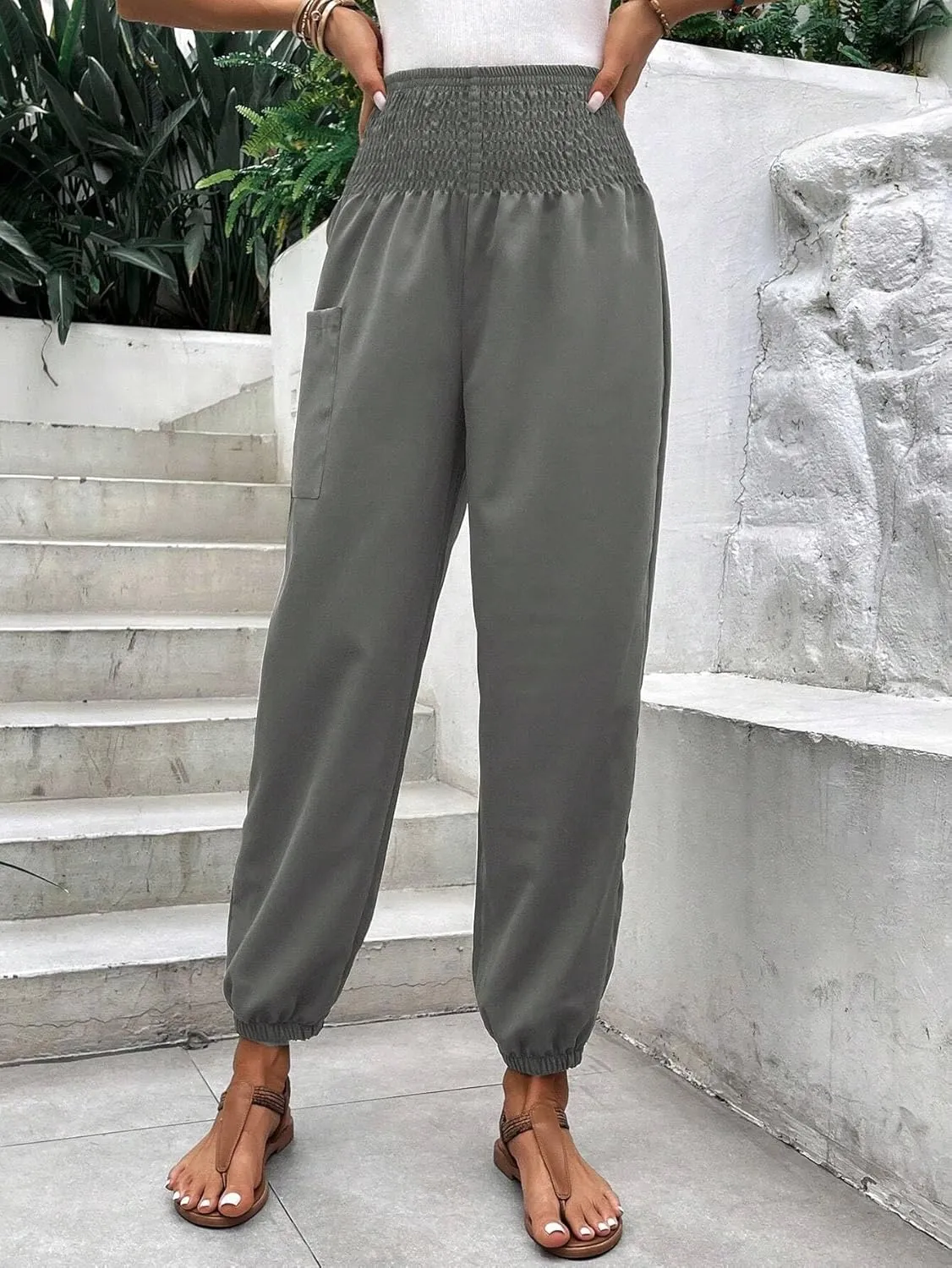 Womens Elastic Waist Solid High Waist Pocket Side Pants Long Pant Trousers For Women