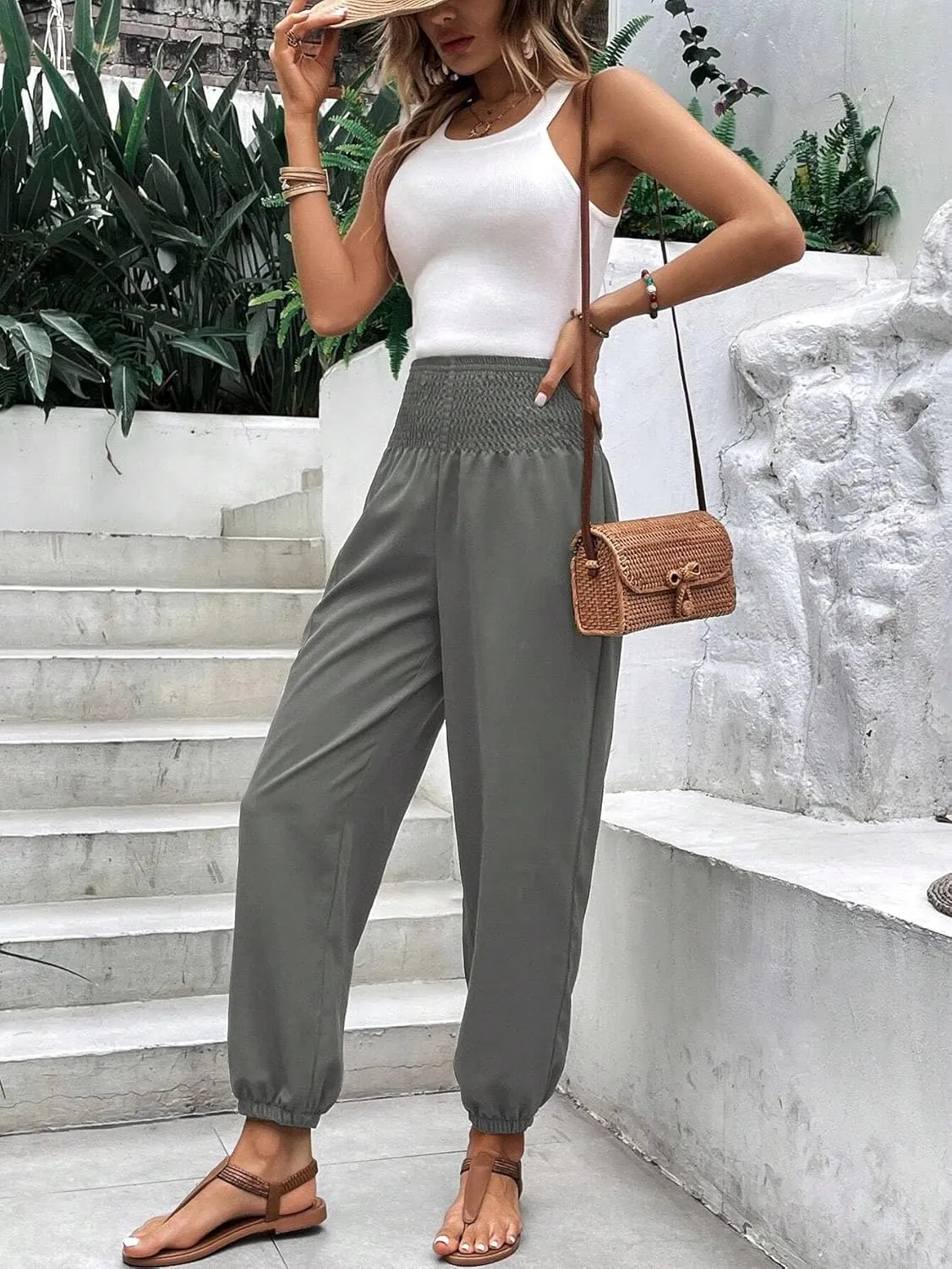 Womens Elastic Waist Solid High Waist Pocket Side Pants Long Pant Trousers For Women