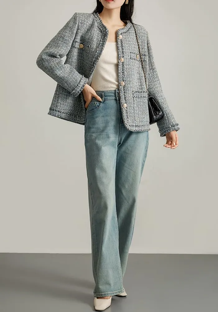 Women's Fall Casual Button Down Tweed Blazer Jacket Round Neck Collarless Office Work Jacket Coats